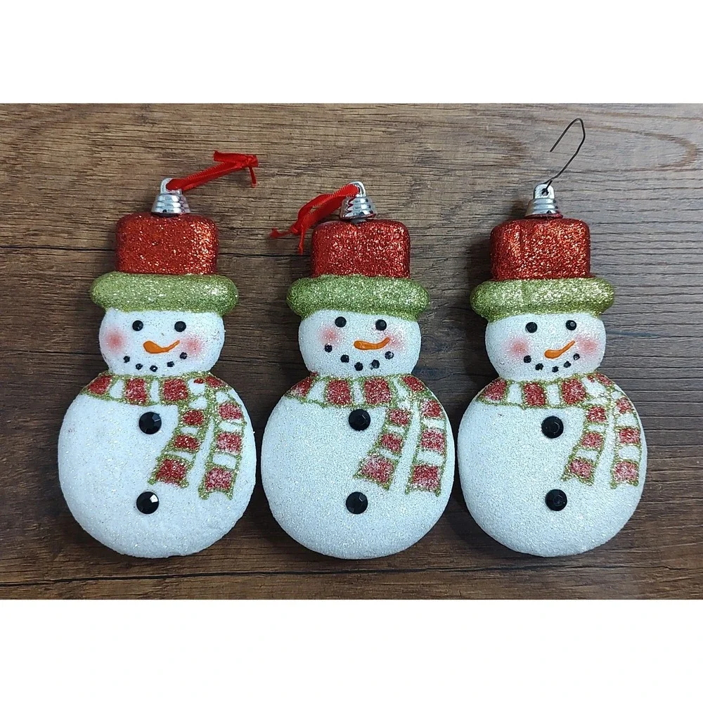 Glitter Hard Plastic Snowman Christmas Ornaments Lot Of 3 B8